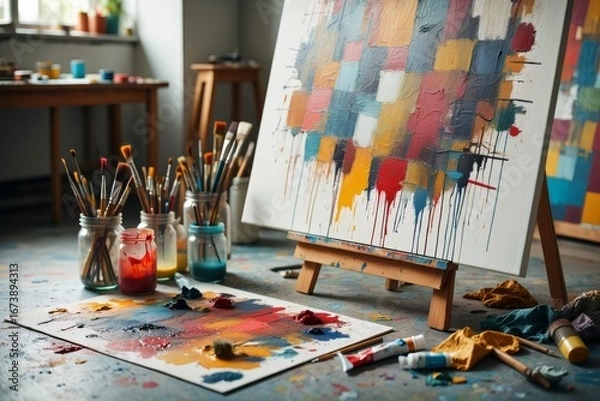 Fototapeta Vibrant Abstract Expressionism Painting Inspiring Artistic Creativity and Studio Environment
