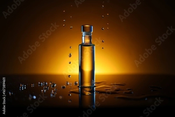 Fototapeta Elegant Glass Bottle Captured in Motion with Water Droplets and Golden Light