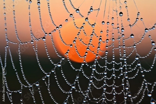 Fototapeta Dewdrops Adorning a Spiderweb at Sunrise Creating a Mesmerizing Natural Display