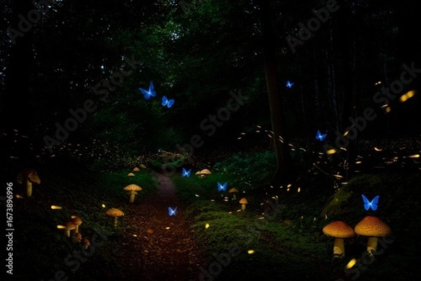 Fototapeta Magical Enchanted Forest Path Bathed in Ethereal Moonlight and Firefly Glow