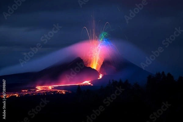 Fototapeta Spectacular nighttime volcanic eruption showcases vibrant incandescent lava flows and fiery ash plumes illuminated by colorful lights