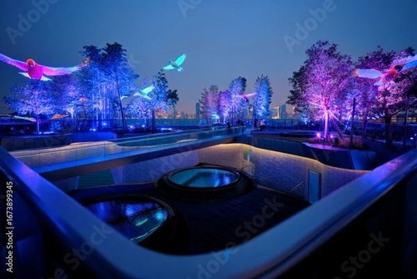 Fototapeta Enchanting Luminescent Forest Gardenscape Illuminated by Vibrant Artificial Lights