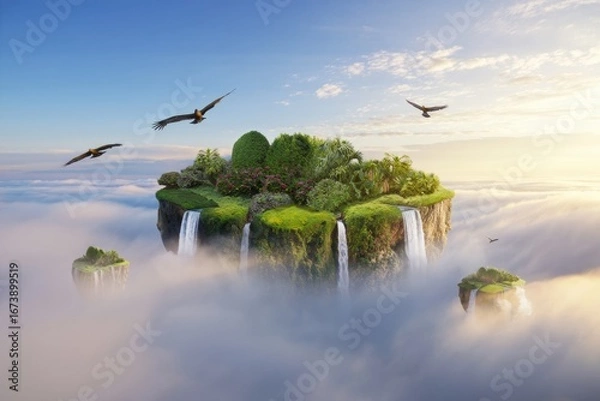 Fototapeta Enchanting floating islands emerge from ethereal clouds teeming with vibrant life and cascading waterfalls