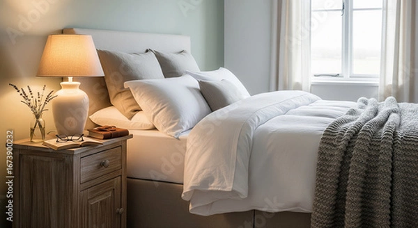 Fototapeta A cozy and inviting bedroom interior with a soft, warm ambiance. The large bed is made with plush white bedding and a textured gray throw blanket, creating a comfortable and relaxing feel
