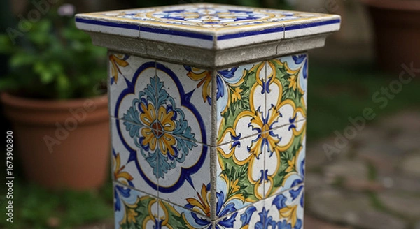 Fototapeta An ornate, square pillar constructed with decorative tiles, showcasing intricate floral patterns and vibrant colors, stands outdoors, possibly in a garden setting, with blurred background.