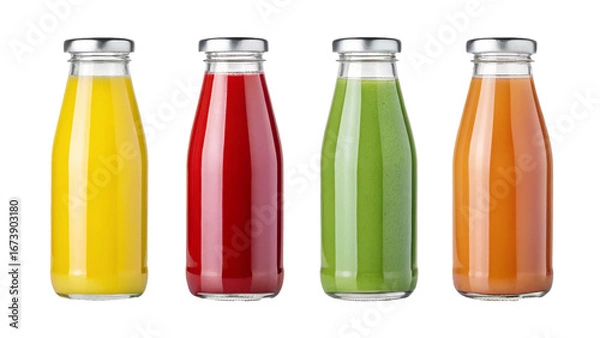 Fototapeta Colorful juice bottles with different flavors isolated on white background
