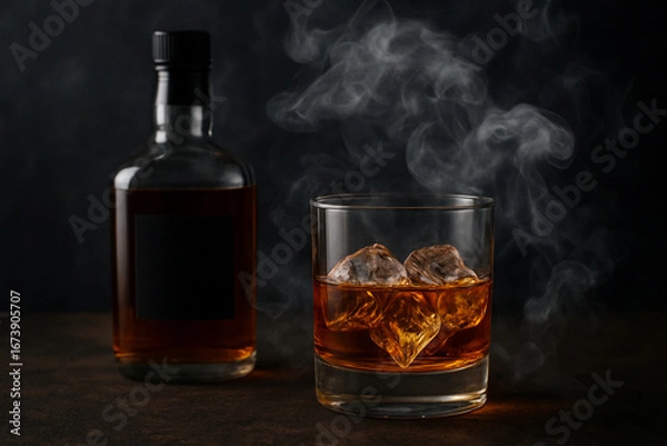 Fototapeta A glass whisky bottle and a tumbler with ice cubes on a wooden table against a backdrop of dark smoke