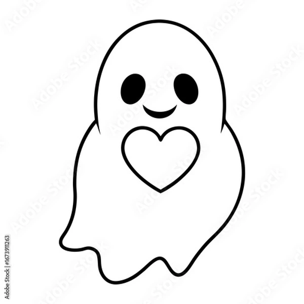 Fototapeta Adorable Cartoon Ghost with Heart:  Happy, Friendly, Black and White Line Art Illustration