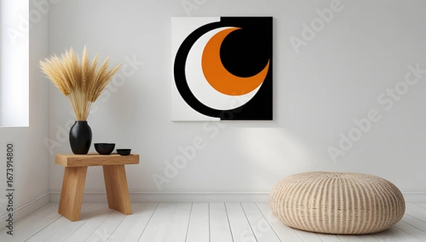 Obraz “Modern Minimalist Living Room with Abstract Wall Art, Wooden Stool, and Woven Pouf”