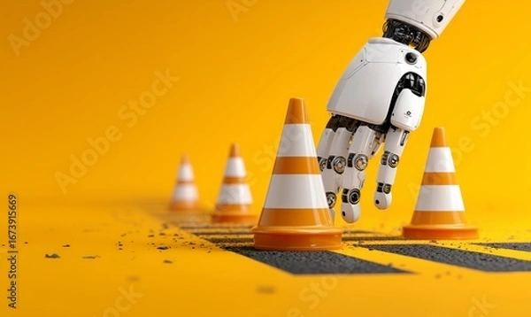 Fototapeta A futuristic robotic hand carefully touches traffic cones, with an eye-catching yellow backdrop. The scene conveys innovation and technology.