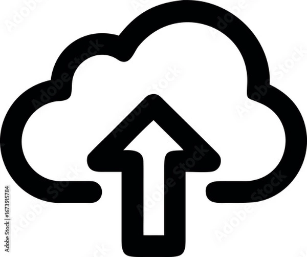 Fototapeta Minimalist black line icon representing a cloud upload symbol for data transfer and online storage, isolated on a white background. Simple vector graphic for web interface design
