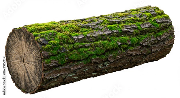 Fototapeta A close-up shot showcases a weathered log, its textured bark adorned with vibrant green moss, creating a striking contrast of colors and textures in natural light.