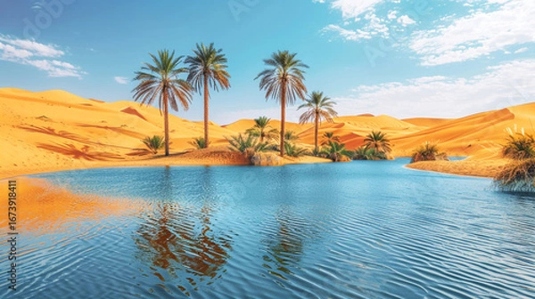 Fototapeta Desert oasis with palm trees and rippling water, surrounded by golden dunes.