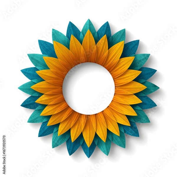 Fototapeta "Colorful Geometric Sunflower Illustration with Multicolored Petals on White Background – Modern Minimalist Floral Design"
