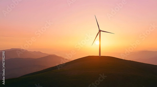Fototapeta Peaceful Sunrise Landscape with Wind Turbine on Green Hill and Misty Mountains
