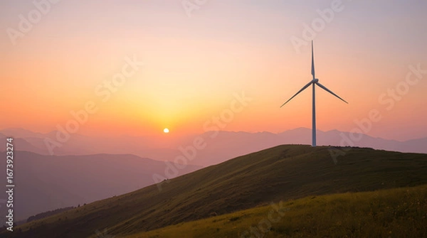 Obraz Peaceful Sunrise Landscape with Wind Turbine on Green Hill and Misty Mountains
