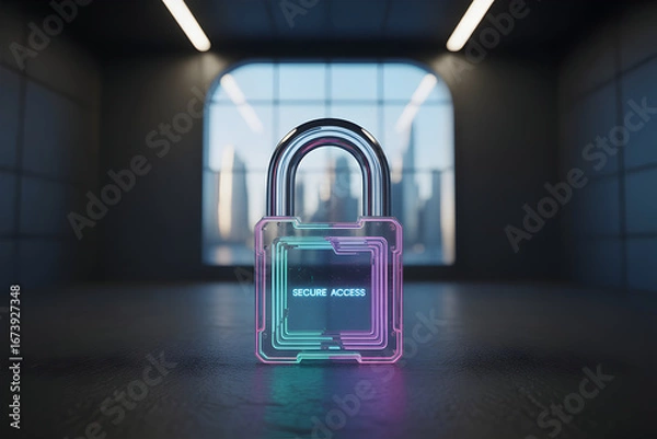 Obraz Stock digital rendering of a padlock with a neon Secure Access display