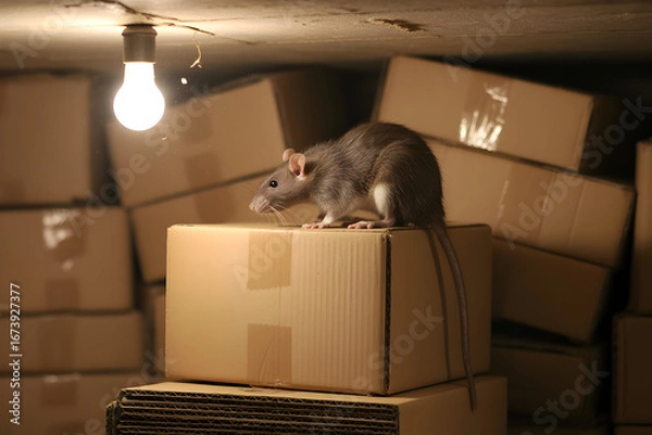 Obraz A rat stands atop a stack of cardboard boxes under a bare lightbulb in a cluttered space