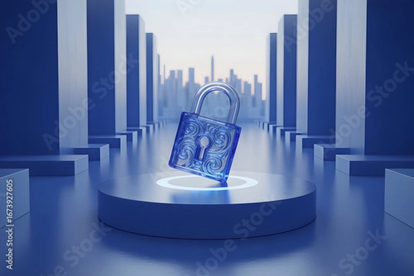 Obraz A stylized clear blue crystal padlock sits atop a circular platform, with a blurred cityscape between large beams in the background