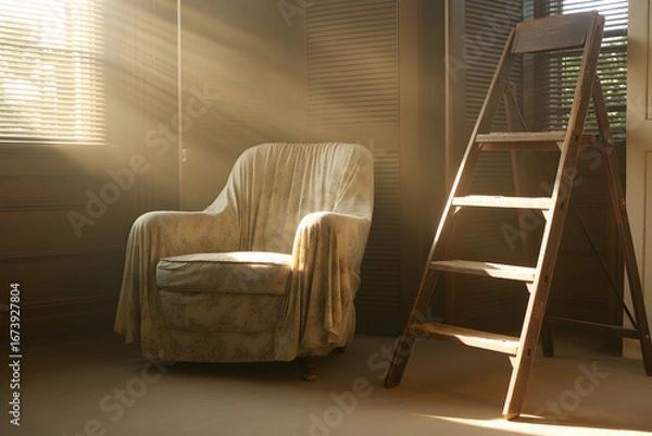 Obraz Shafts of sunlight illuminate a draped armchair and wooden ladder, creating a nostalgic, unused room scene in this stock image