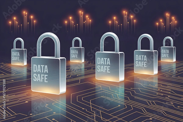 Obraz Futuristic scene of padlocks labeled DATA SAFE arranged over an electronic circuit board