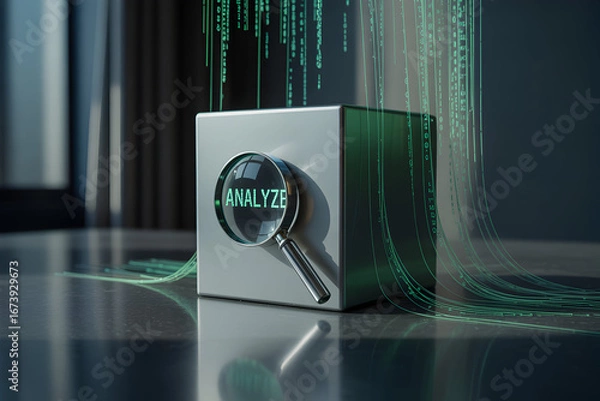 Obraz The word ANALYZE is displayed through a magnifying glass, on the face of a metal cube