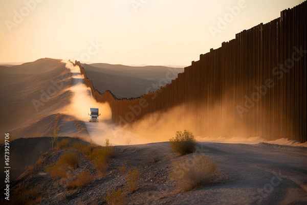 Obraz A truck is traveling down a dusty path alongside a border wall