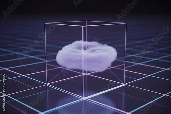 Obraz A fluffy cloud is displayed inside a transparent box on a digital grid Conceptual security stock footage imagery