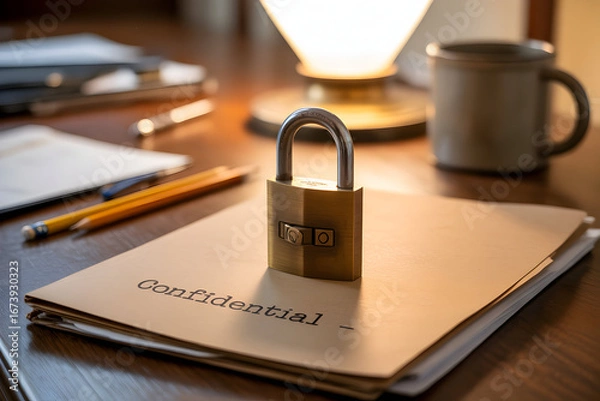 Obraz A locked padlock sits atop a file marked Confidential on a desk with warm lighting, conveying secrecy