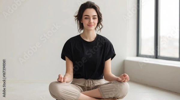 Fototapeta Young woman practicing meditation indoors sitting cross legged by window in relaxed pose.