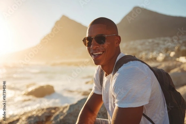 Fototapeta Smiling young man with sunglasses enjoying sunny beach landscape with mountains.