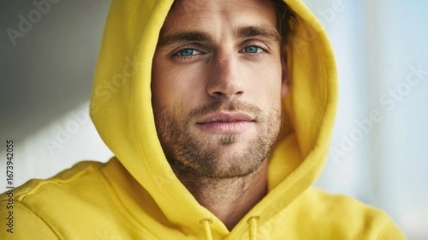 Fototapeta Close-up of a young man with blue eyes and beard wearing yellow hoodie indoors.