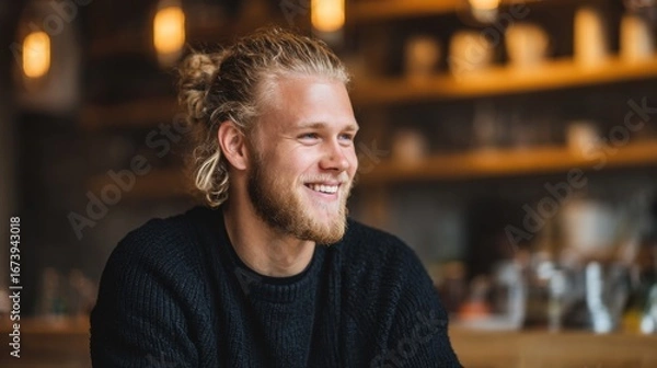 Fototapeta Happy smiling young man with long hair and beard sitting in cafe interior.