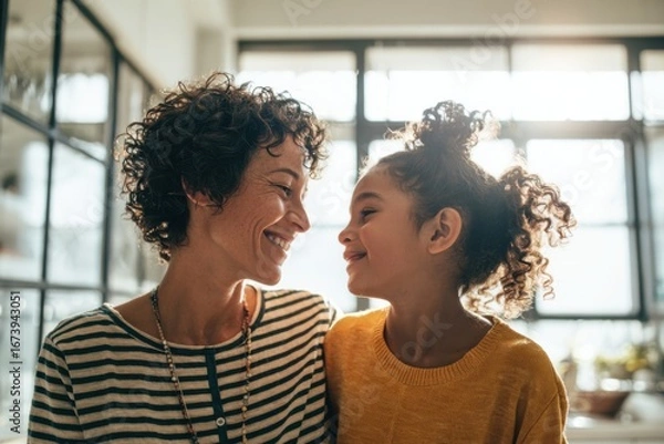 Fototapeta Happy joyful mother and daughter enjoying bonding time at home indoors with sunlight.