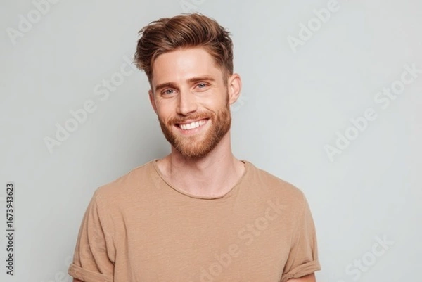 Fototapeta Bright smiling young man with beard and casual beige t-shirt posing indoors.