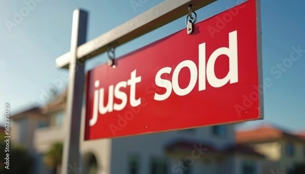 Obraz Red just sold sign for real estate. Clear white text on bright red background. Indicates successful property transaction completion. Used for marketing, announcing home sales, commercial business