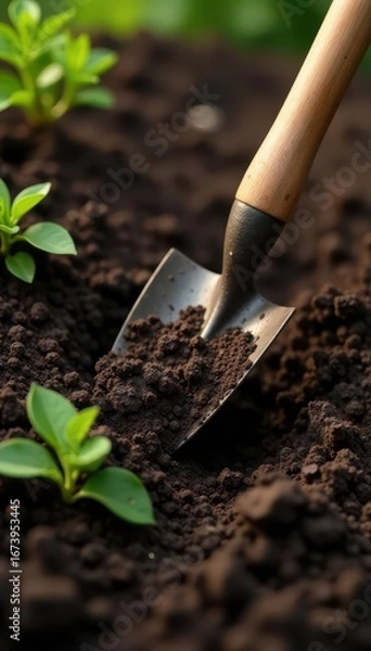 Fototapeta Trowel, cultivator, and hand rake in rich dark soil , isolated, close-up, nature