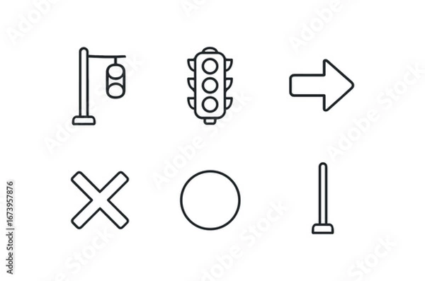 Fototapeta simple outline stroke icon isolated on white background: traffic signal stop light green arrow red mark circle street pole
