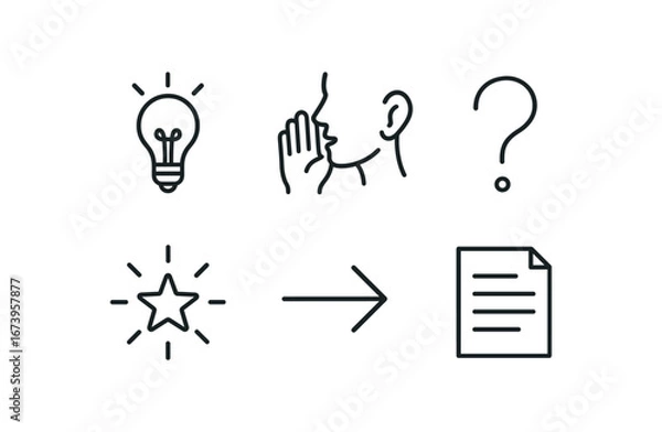Fototapeta simple outline stroke icon isolated on white background: subtle hint whisper icon clue mark glow small arrow text sheet
