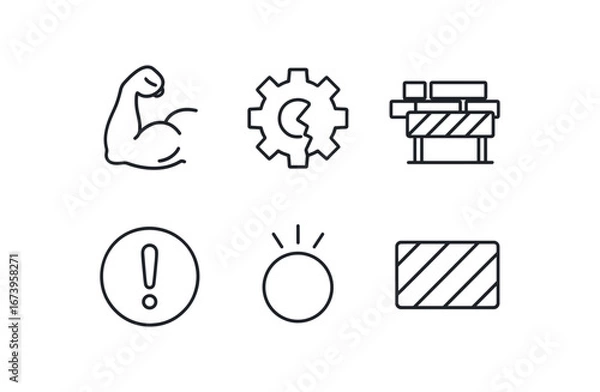 Fototapeta simple outline stroke icon isolated on white background: tough difficulty broken gear obstacle icon error mark stress lines hazard