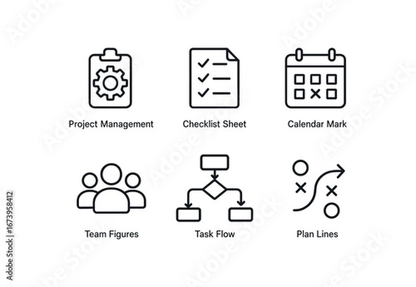 Fototapeta simple outline stroke icon isolated on white background: project management checklist sheet calendar mark team figures task flow plan lines