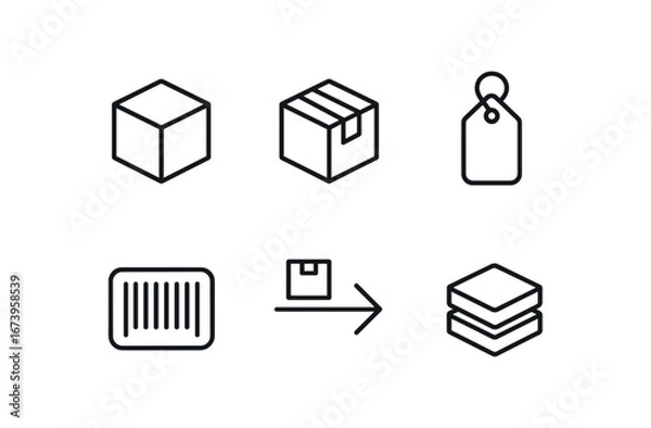 Fototapeta simple outline stroke icon isolated on white background: small package taped fold sticker tag bar code delivery arrow stack pile