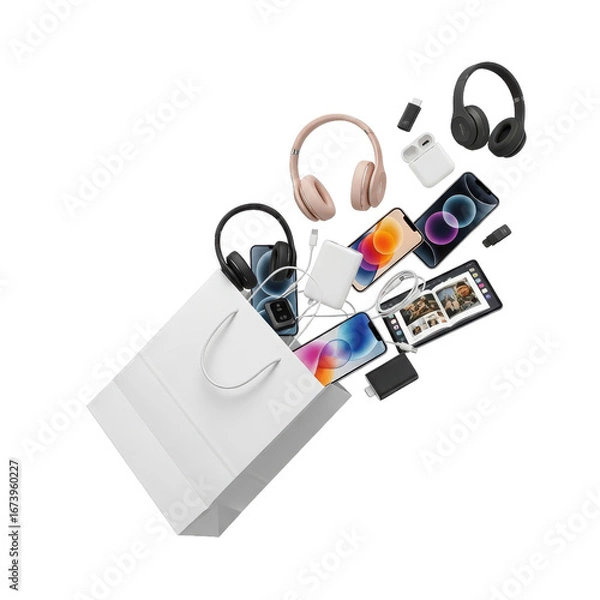 Fototapeta Collection of modern electronic gadgets and accessories spilling from a shopping bag against a white backdrop