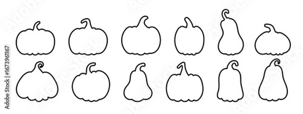 Obraz Black outlines of pumpkins, gourds, and squash – simple stylized shapes for fall, harvest festival, Halloween decor, and seasonal crafting projects.