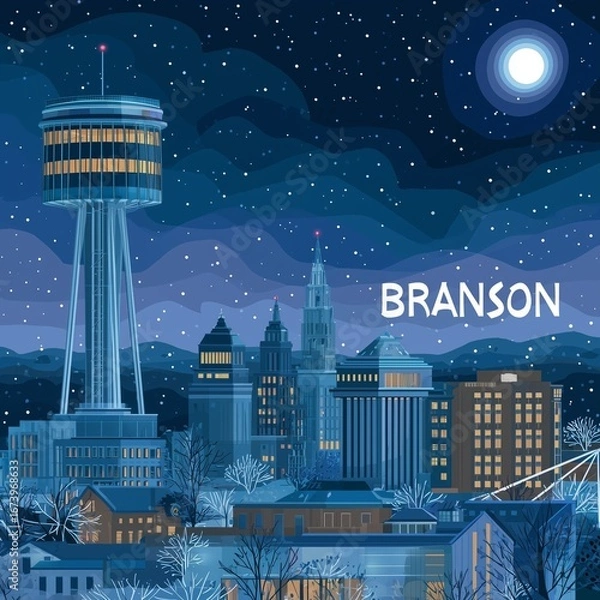 Fototapeta City of Branson, Missouri night time skyline postcard style vector illustration
