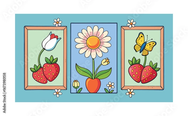 Obraz Sweet decorative floral artwork showcasing tulips, daisies, strawberries, and butterflies presented in multiple charming frames like a storybook design