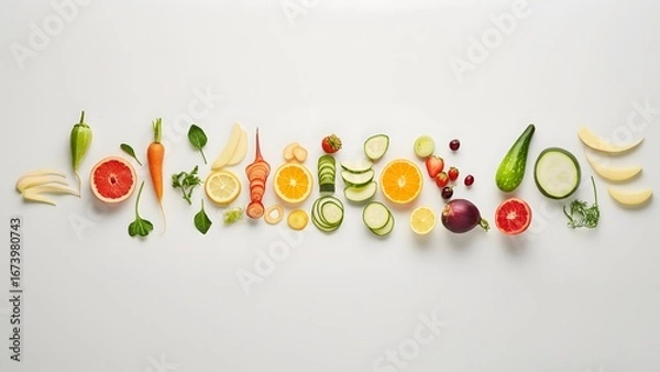 Obraz Arrangement Of Fruits, Vegetables, Sliced, Laid Out On A Clean White Background