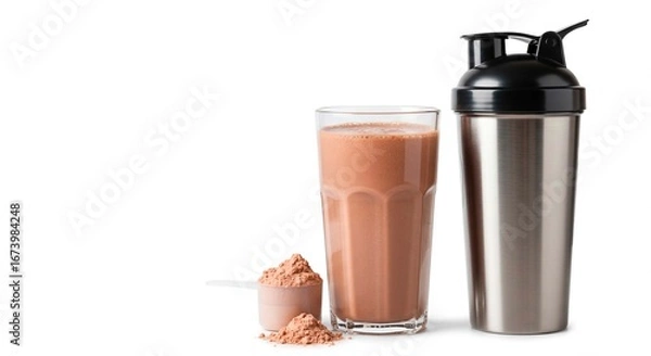 Obraz Still life of protein powder in a scoop, protein shake in a glass, and a metal shaker bottle on white