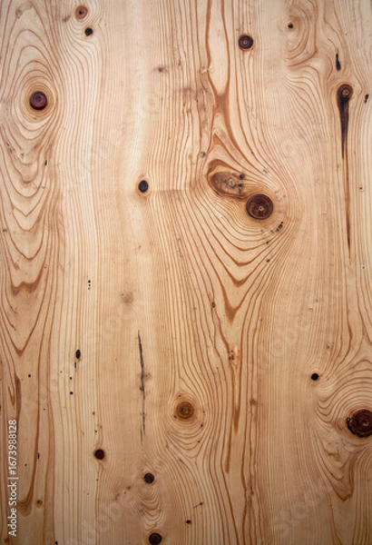 Fototapeta A detailed top-down view of a rustic, light-colored wooden surface, showcasing the natural grain patterns and dark knots for a warm, organic background.
