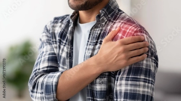 Obraz Close-up of a person experiencing intense shoulder pain, indicated by a red glow, with a hand grasping the affected area.